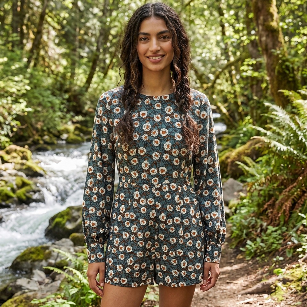 Zara Trafaluc Floral Romper Women M Teal Long Sleeve Boho Cottagecore